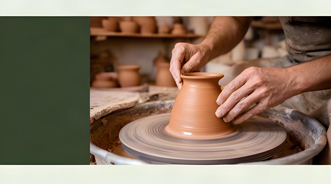 Mani che lavorano argilla umida al tornio nel laboratorio di ceramica a Cento
