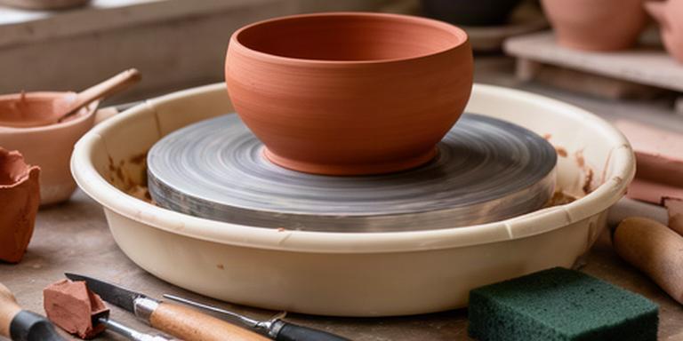 Tornio in ceramica con ciotola in argilla e strumenti disposti sul banco
