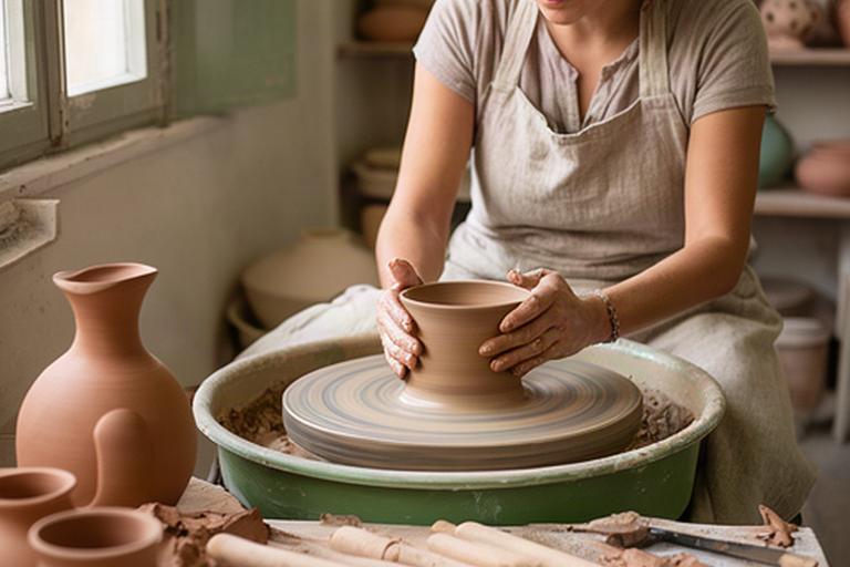 Artigiana al tornio nel laboratorio ceramico di Cento, con argilla umida e strumenti sul banco