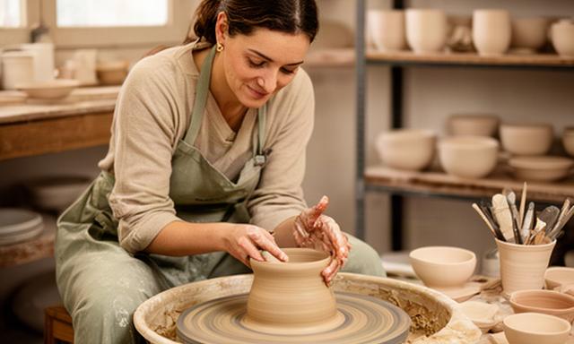 Artigiana al tornio nello studio di ceramica di Cento mentre rifinisce una ciotola in argilla