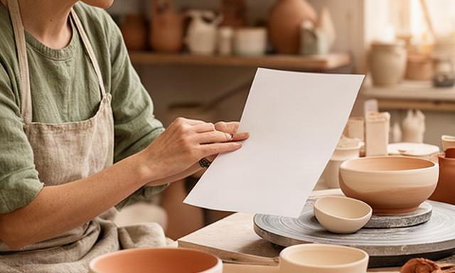 Artigiana in uno studio di ceramica che consulta una scheda d’ordine accanto a ciotole lavorate a mano