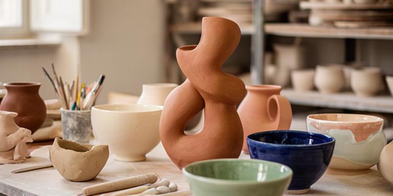Vasi scultorei e ciotole smaltate disposti su un tavolo nello studio ceramico di Cento