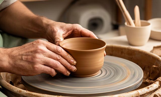 Mani al tornio mentre modellano una ciotola in ceramica nel laboratorio di Cento
